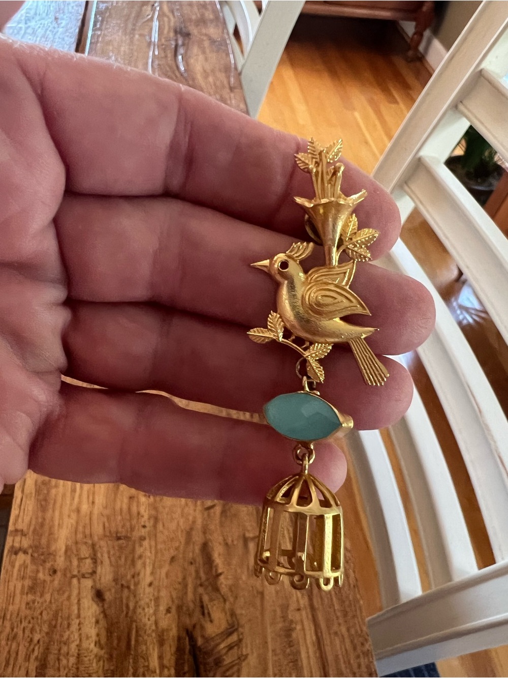 Gold-Tone Bird and Cage Drop Earrings with Turquoise Accent - Women Jewelry